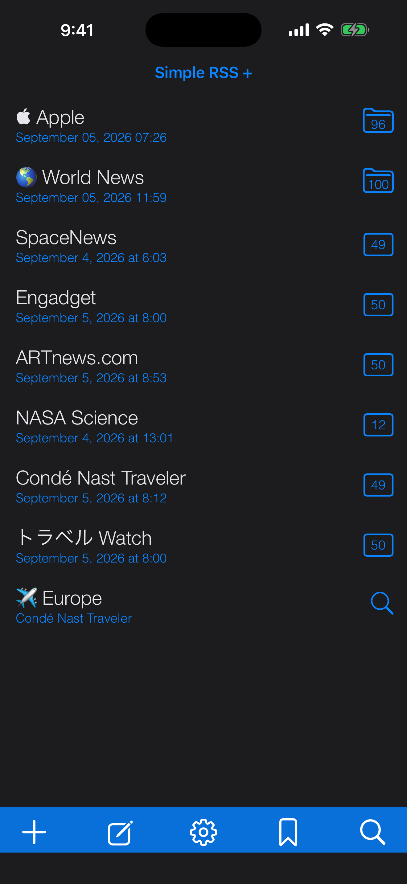 Simple RSS+ feed list in dark mode