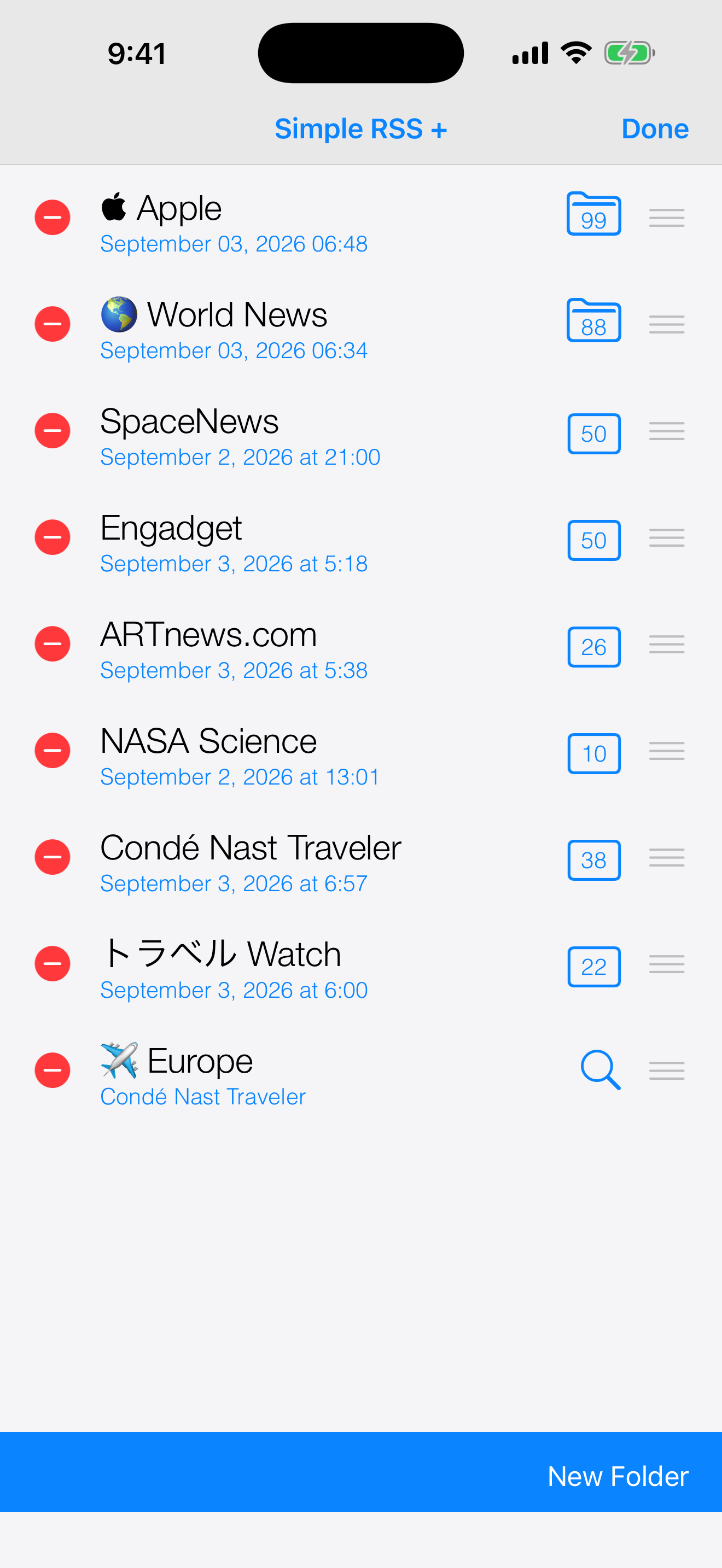Reordering feeds and folders in edit mode