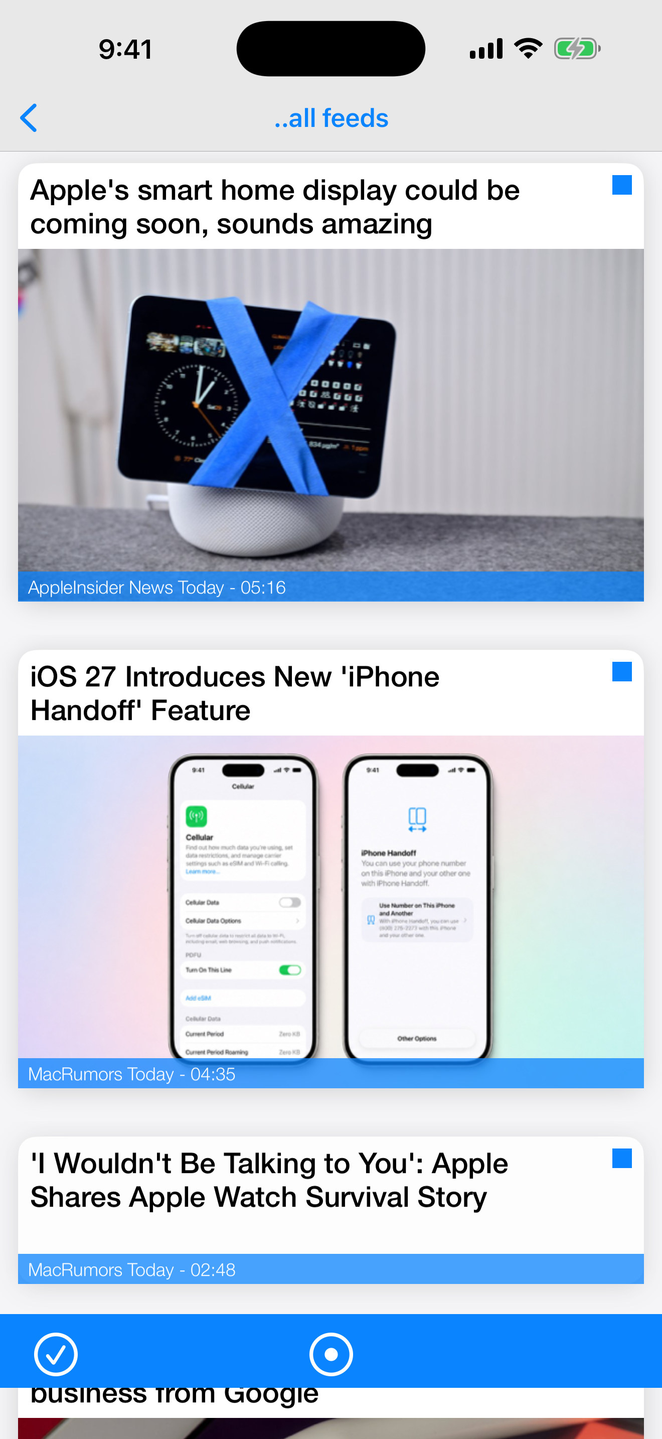 Simple RSS+ feed list with folders and unread counts (light mode)
