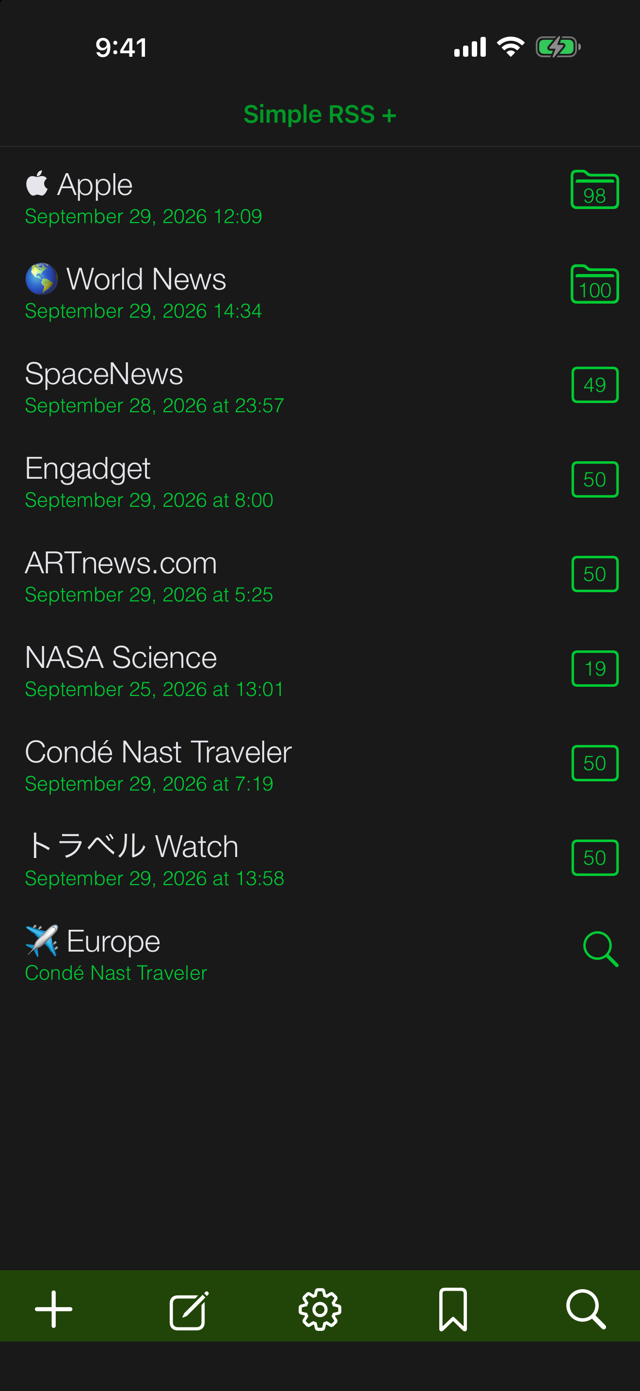 Terminal theme feed list in green