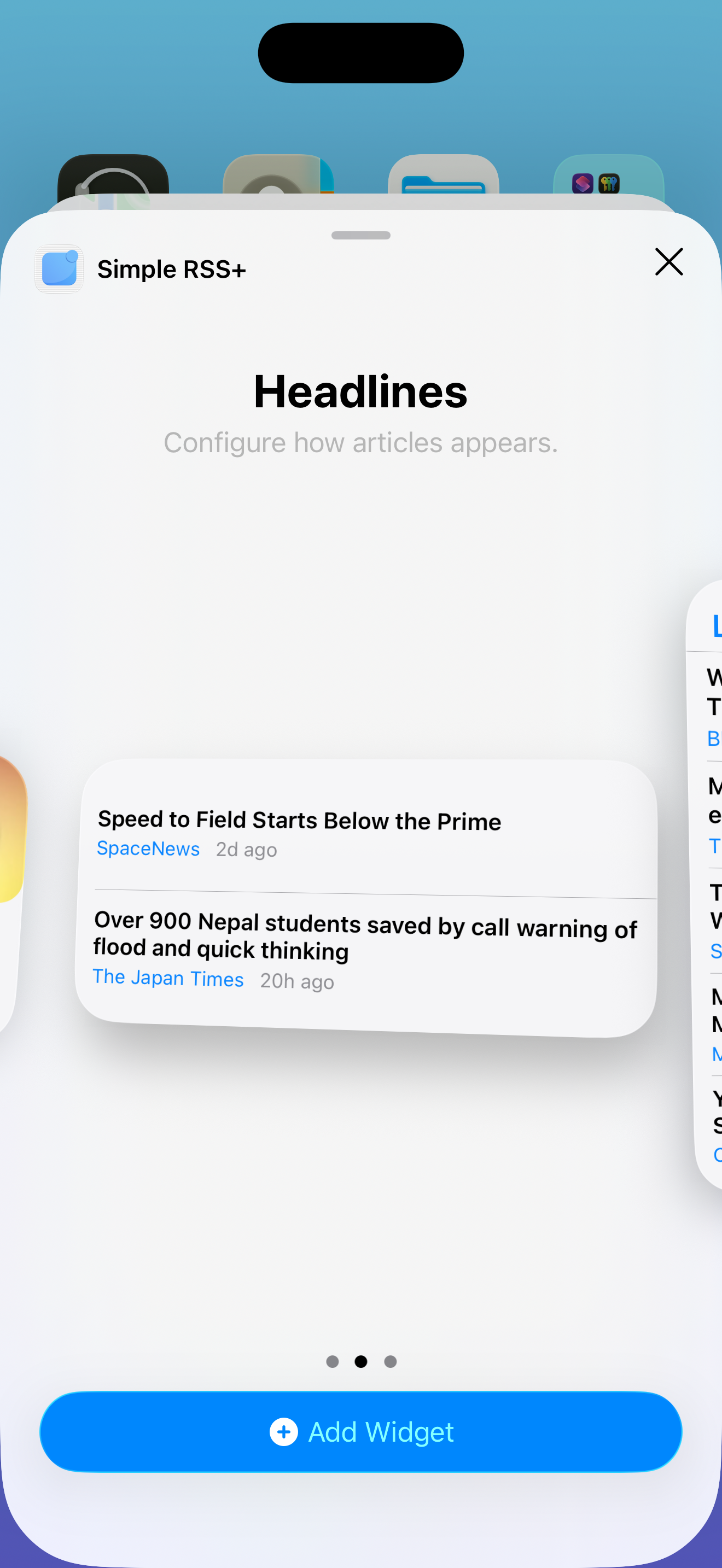 Headlines widget in the iOS widget gallery