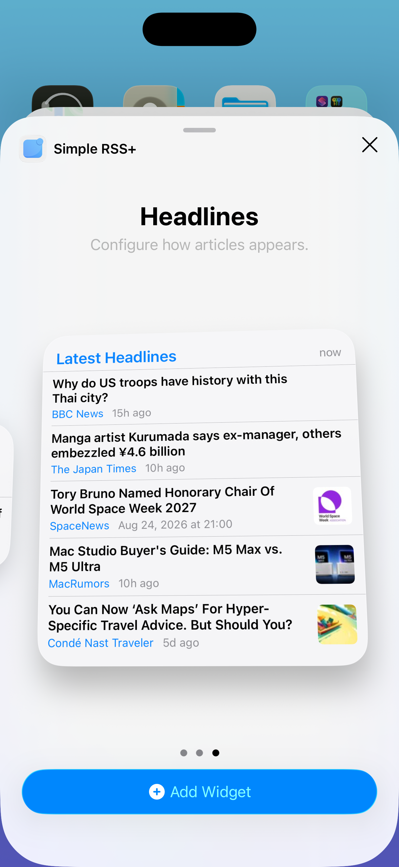 Latest Headlines widget in the iOS widget gallery